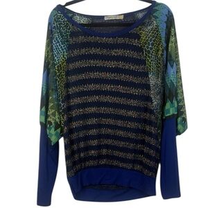 Figueroa & Flower Blue Gold Sheer Geometric Pattern Dolman Sleeve Knit Top